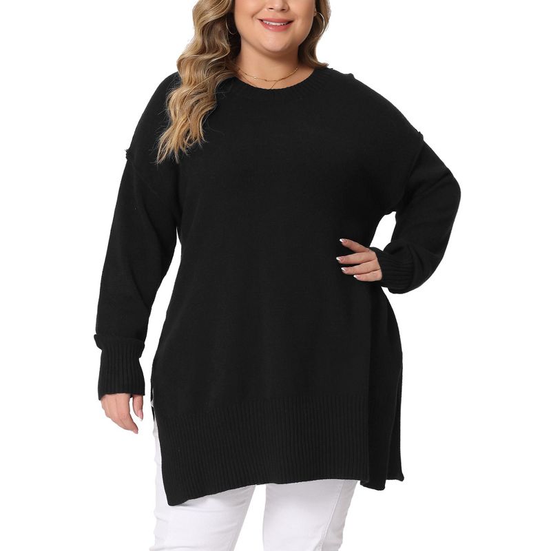 Agnes Orinda Women's Plus Size Oversized Crew Neck Long Sleeve Slit Hem Knit Pullover Sweaters, 2 of 6