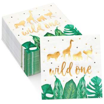 Sparkle and Bash 50 Pack Wild One Napkins for Jungle Safari First Birthday Party Supplies, Green Leaves with Gold Foil Accents (5 x 5 In)