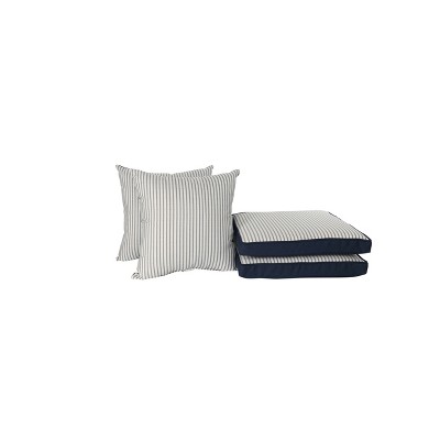 Home Fashions International 4pc Mini Ticking Stripe Pillow & Deluxe Outdoor Cushion Set Navy Stripes: Removable Polyester Covers, Zipper Closure