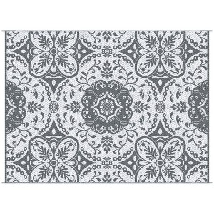 Aghana Digitals Foldable 9x12 Polypropylene Outdoor Rug - Reversible Gray & White Floral, - 1 of 4