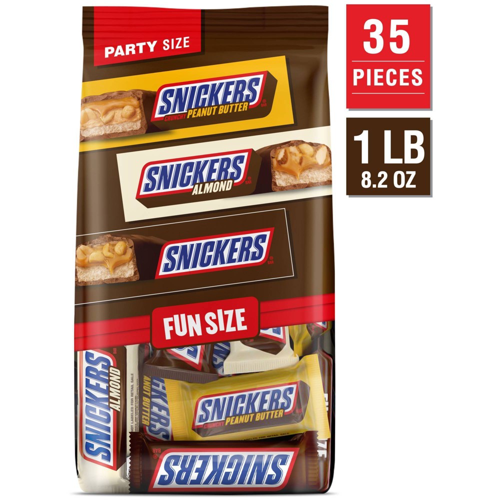 Snickers Milk Chocolate, Peanut Butter, & Almond Candy Bars Fun Size Variety Pack, Party Size - 24.02oz/35ct Bulk Bag