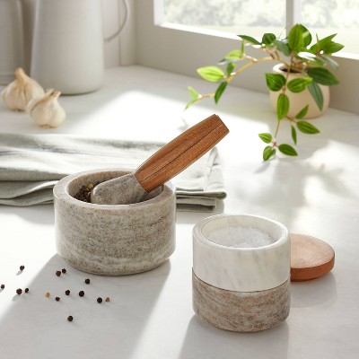 2pc Marble &#38; Wood Mortar and Pestle Set Warm Gray - Hearth &#38; Hand&#8482; with Magnolia