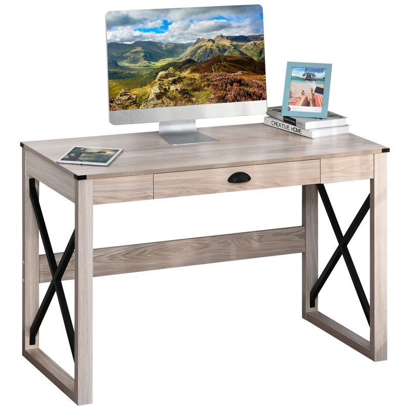 HOMCOM Home Office Computer Desk, Rustic Writing Desk, Farmhouse Workstation with Storage Drawer, X-Frame, 4 of 9