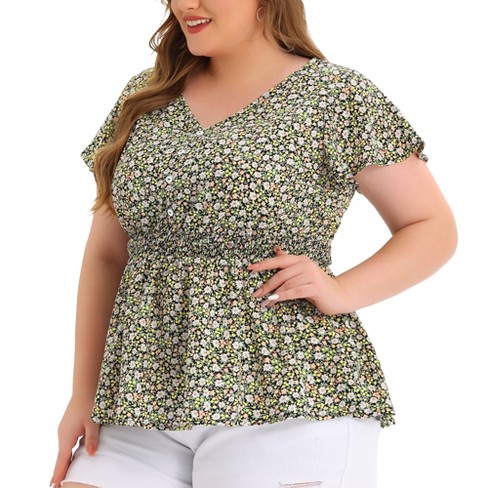 Plus Size White Floral Print Half Placket Short Sleeve Blouse