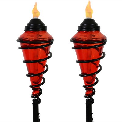 Sunnydaze Outdoor Adjustable Height Glass and Metal Swirl Patio and Lawn Citronella Torch Set - Red - 2pk