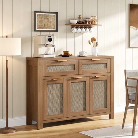 Garvee Boho Rattan Buffet Sideboard Cabinet with 2 Drawers Magnetic Cabinet Doors & Customizable Inner Shelves, for Kitchen Living Room Dining - Dark Oak