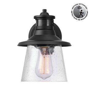 Globe Electric 1-Light Matte Black Motion Sensor Outdoor Wall Sconce with Clear Seeded Glass Shade: Weather-Resistant, ETL Listed - 1 of 4