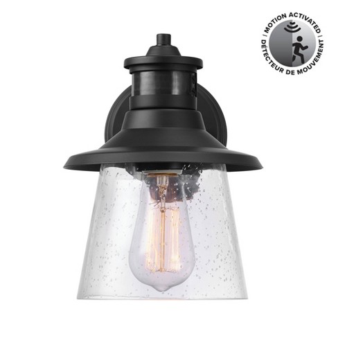 Globe Electric 1-Light Matte Black Motion Sensor Outdoor Wall Sconce with Clear Seeded Glass Shade: Weather-Resistant, ETL Listed - image 1 of 4