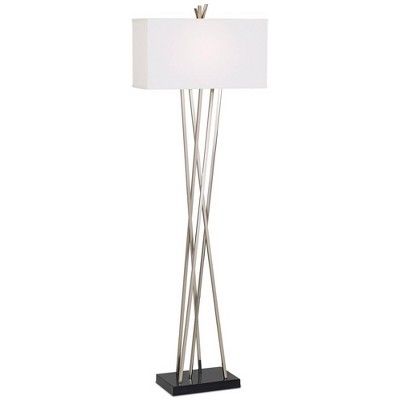 Possini Euro Design Modern Floor Lamp Brushed Steel Asymmetry White Linen Rectangular Shade for Living Room Reading Bedroom Office