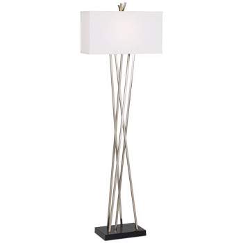 Possini Euro Design Modern Floor Lamp 63.5" Tall Brushed Steel Asymmetry White Linen Rectangular Shade for Living Room Reading Bedroom Office