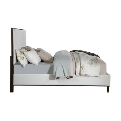 Light Gray and Brown Upholstered Queen Bed with Tufted Headboard and Storage Drawer
