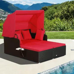 Costway Patio Rattan Daybed Lounge Retractable Top Canopy Side Tables Cushions Off White/Red/Turquoise