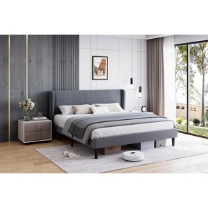 Bed Frame with Wingback Headboard, Velvet Upholstery Platform Bed,No Box Spring Needed - 1 of 4
