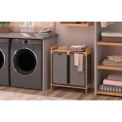Natural Bamboo Dual Compartment Laundry Sorter with Gray Bags
