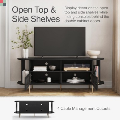 Black Rattan TV Stand with Cabinet and Open Shelves, 63"