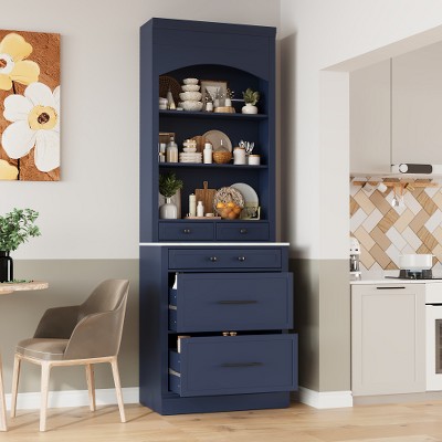 83" Tall Kitchen Pantry Cabinet with Faux Marble Top,  5 Drawers & Open Shelves, Storage Cabinet for Dining Room or Living Room-The Pop Home
