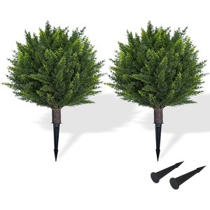 2 Pack Artificial Cedar Topiary, 24 Inch UV Resistant Artificial Shrubs, with Ground Spikes, Indoor and Outdoor Fake Evergreen Tree for Porch, Garden - 1 of 4