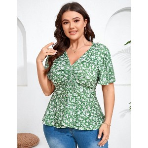 Coolmee Women's Plus Size Shirts V Neck Front Drawstring Casual Tunic Tops Short Sleeve Tightened Waist Floral Print Swing Blouse 5XL Green - 1 of 4