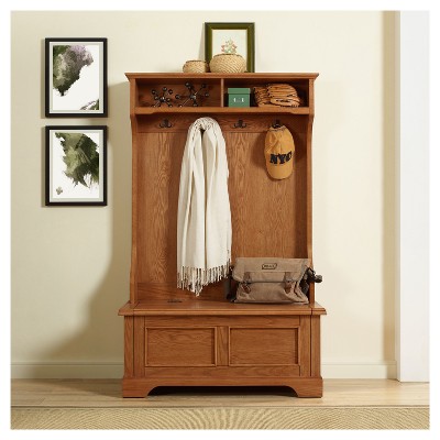 Campbell Oak Hall Tree with Spacious Storage Bench and Double Hooks