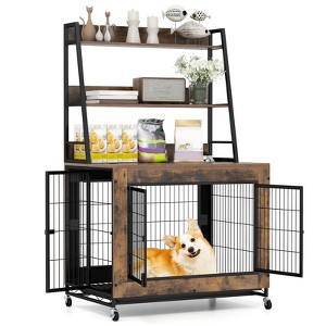 Costway 38” Heavy-Duty Dog Kennel on Wheels w/ Pull-out Tray Indoor Pet Furniture Wood Dog House Rustic Brown - 1 of 4