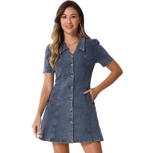 Allegra K Women's Button Up Collared Short Sleeve Washed Jean Demin Dress - 1 of 4