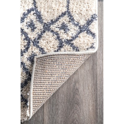 Beige and Blue Oval Trellis Shag Area Rug