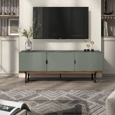 Sage Green and Distressed Oak Modern TV Stand with Cabinet