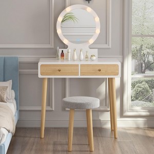 Makeup Vanity Set with 3-Color Dimmable Lighted Mirror, Makeup Dressing Table with Soft Cushioned Stool - 1 of 4