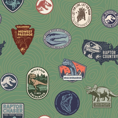 Jurassic World Badges Peel And Stick Kids' Wallpaper Green - Roommates ...