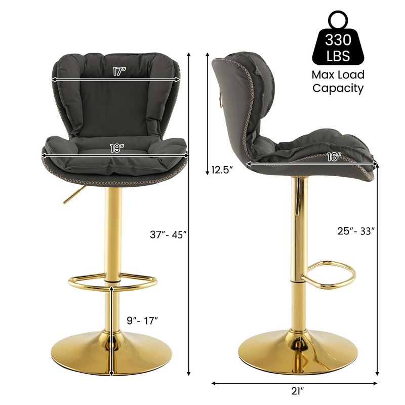 Costway Adjustable Bar Stool Set of 2 Leathaire Bar Chairs with Padded Seat & Footrest, 3 of 10