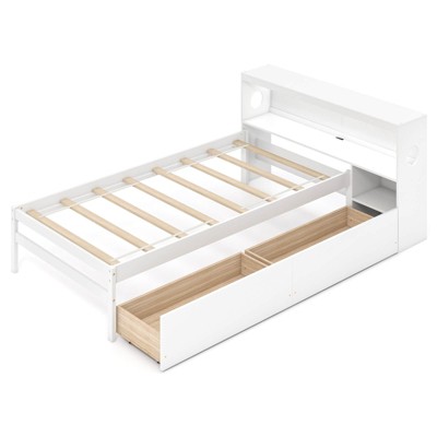 Infans Twin Size Bed Frame with LED Light & Power Outlet Bookcase Headboard Drawers