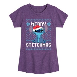 Girls' - Lilo and Stitch - Merry Stitchmas Christmas Cross Stitch Fitted Short Sleeve Graphic T-Shirt - 1 of 4