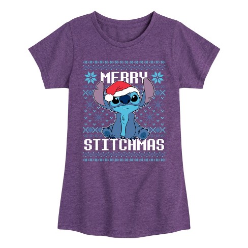 Girls' - Lilo and Stitch - Merry Stitchmas Christmas Cross Stitch Fitted Short Sleeve Graphic T-Shirt - image 1 of 4