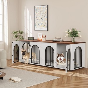71" Large Dog Crate Furniture for 2 Dogs, Wooden Double Dog Crate, Indoor Dog Kennel TV Stand with Divider and Cushion for Large Medium Dogs,White - 1 of 4