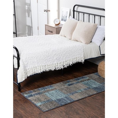 Blue Gray Geometric Stain-Resistant Runner Rug