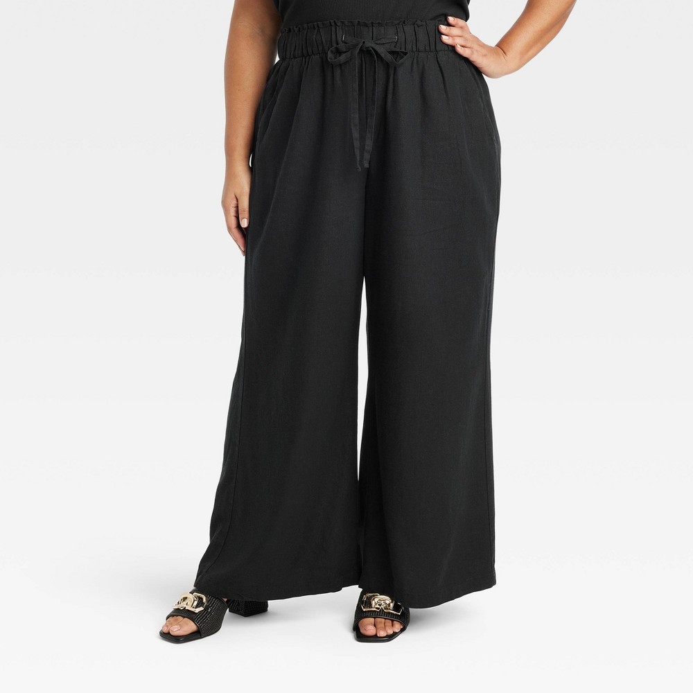 Women's High-Rise Wide Leg Linen Pants - Ava & Viv™ Black 2X