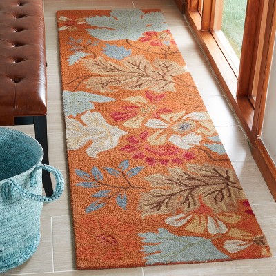Ivory and Rust Floral Hand-Hooked Wool Runner Rug