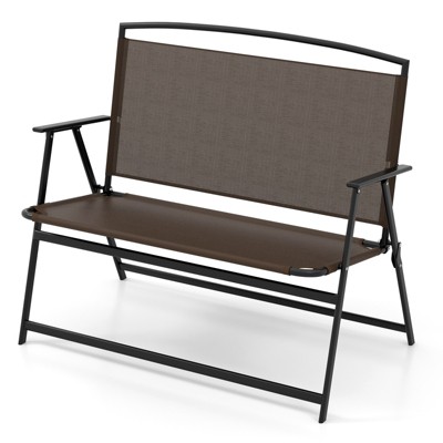 Tangkula Foldable Garden Bench 2-person Patio Loveseat with Fabric Backrest and Metal Armrests Portable Outdoor Loveseat Bench