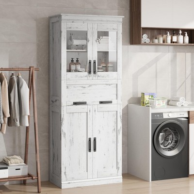 67" Tall Bathroom Storage Cabinet with Glass Doors, Adjustable Shelves, Drawer, Freestanding Tall Cabinet Modern Cupboard