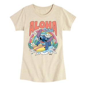 Girls' - Disney - Aloha Stitch Rainbow Surf- Youth Girls Short Sleeve T-Shirt Fitted Short Sleeve Graphic T-Shirt - 1 of 3