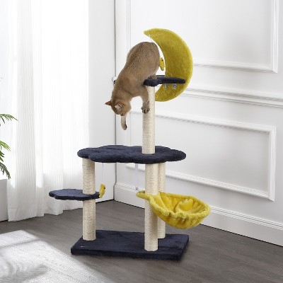 Aurora 49" 3-Tier Navy and Yellow Sisal Cat Tree with Moon and Stars