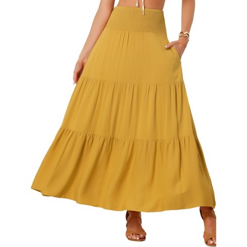 Allegra K Women s Summer Casual Elastic High Waist Boho Maxi Skirt Yellow Large Target