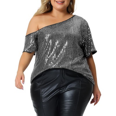 Women's Silver Plus Velvet Sequin Off Shoulder Top