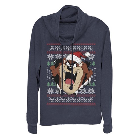 Junior's Looney Tunes Taz Ugly Christmas Sweater Print Cowl Neck Sweatshirt - image 1 of 4