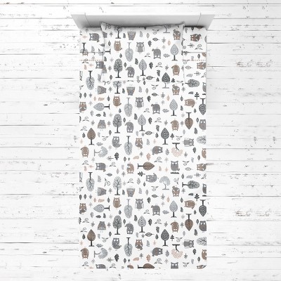 Bacati - Owls Gray Beige Neutral Cotton 3 pc Toddler Sheet Set