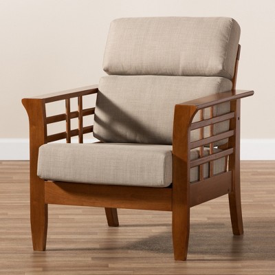Beige Barrel Accent Chair with Cherry Wood Frame