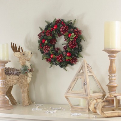 13" Red and Green Pine Cone and Ornament Christmas Wreath