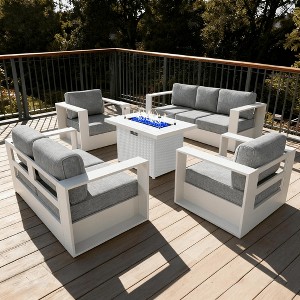 LayinSun 5 Piece Oversized Aluminum Outdoor Furniture Set, Patio Sofa Sets with Fire Pit Table, Deep Seating and Upgraded 6-inch Cushions - 1 of 4