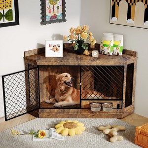 51.3" Corner Dog Crate Furniture with Rotating Feeder, Decorative Dog Crates Dog Cage TV Stand - 1 of 4
