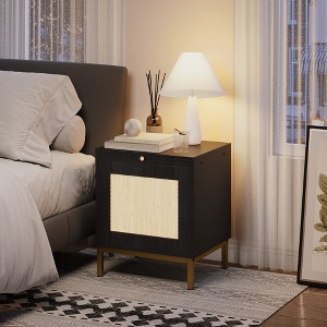 Rattan Night Stands Set 2, Modern Farmhouse Pattern Side Table, End Table with Tray - 1 of 4
